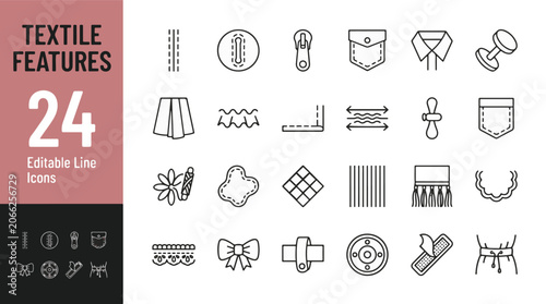Fotografie Textile features and garment construction details icon set in line style