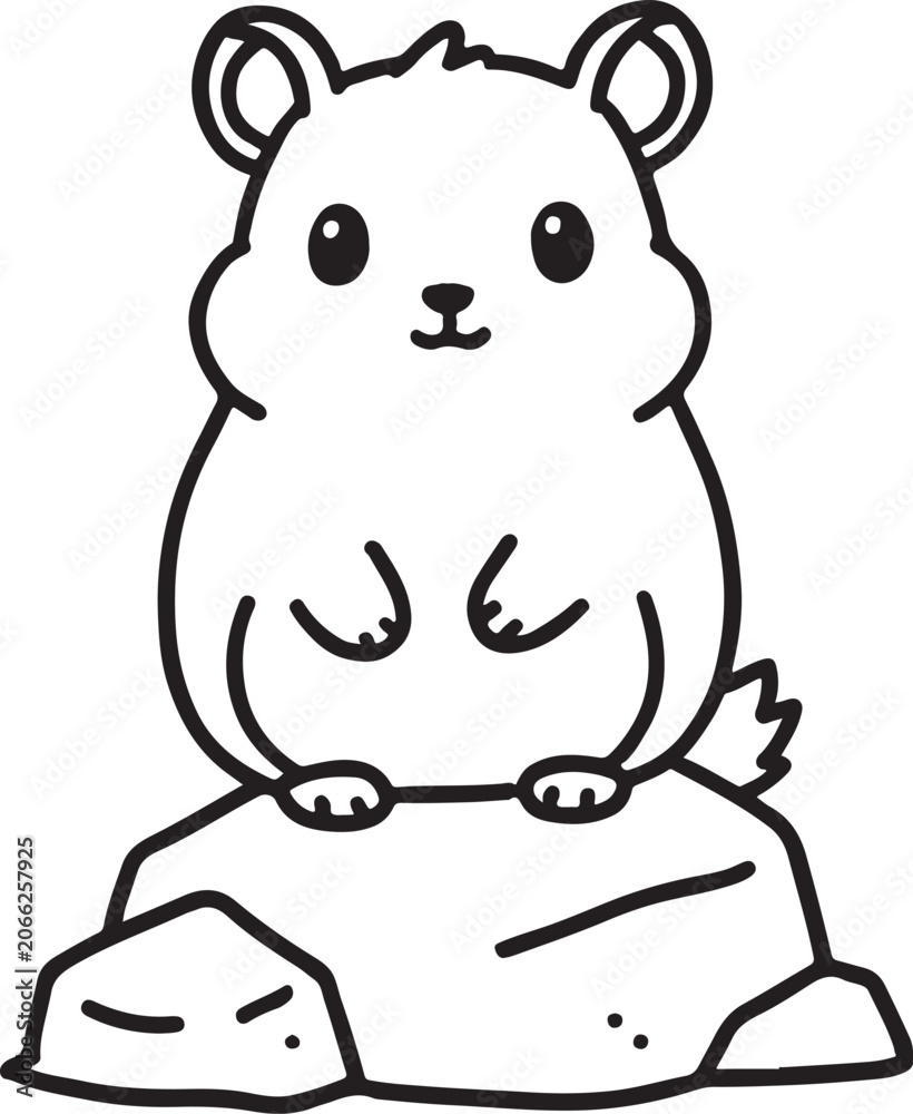 Fototapeta premium Cute Cartoon Hamster Standing on Rocks Front View Line Art Vector Illustration