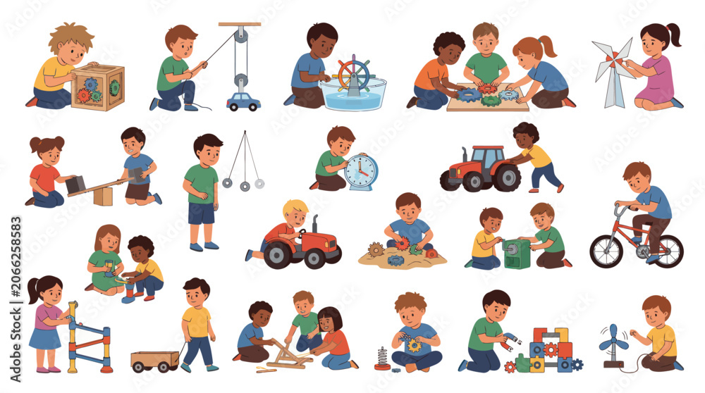 Fototapeta premium Children playing with science and engineering toys, flat vector illustration
