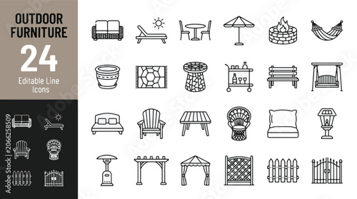 Foto Outdoor furniture and patio decor web icons in line style