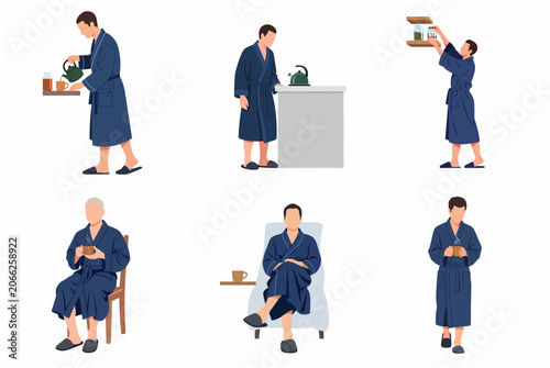 Photos Set of flat vector illustrations of a man in a blue bathrobe enjoying a morning