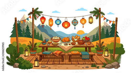 Festive outdoor banquet illustration with traditional lanterns, food on wooden table, and beautiful mountain landscape background