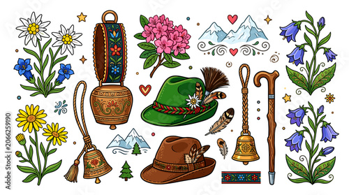 Alpine Traditional Folk Elements Collection Featuring Bavarian Hats Flowers And Decorative Rustic Bells