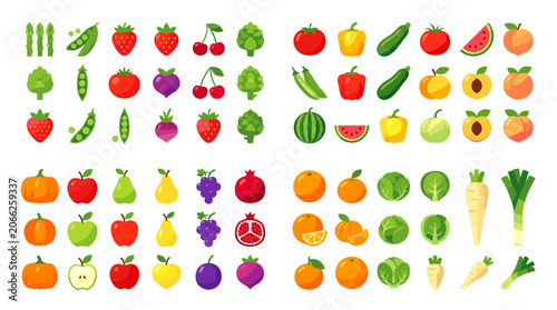 Flat vector icon set of various fresh organic fruits and vegetables isolated on white background