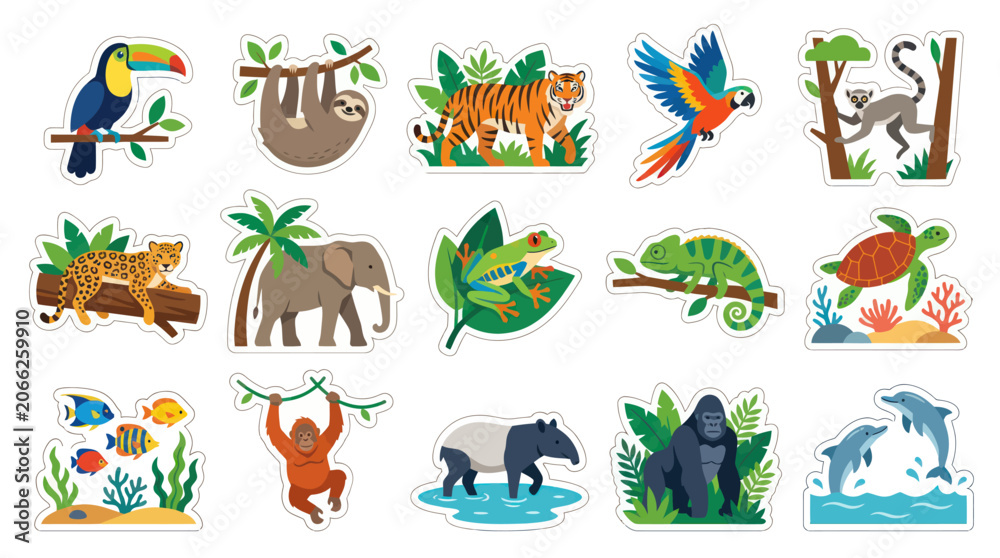 Obraz premium Cute Jungle Animals Sticker Set - Toucan, Sloth, Tiger, Monkey, Leopard, Elephant, Frog, Chameleon, Turtle, Orangutan, Tapir, Gorilla, Dolphins