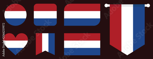 Netherlands Flag Icons Collection in Multiple Shapes Including Circle, Heart, Rounded Square, Rectangle, Bookmark and Pennant Banner Vector Set Isolated on White Background