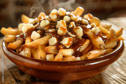 Fototapeta Classic poutine in a rustic bowl.