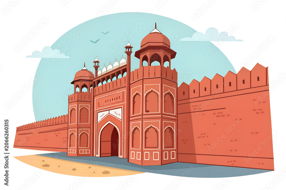Fototapeta premium Agra Fort red sandstone walls with arched gates, modern illustration vector style, clean flat design, vibrant colors