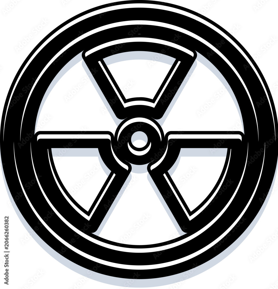 Fototapeta premium Radioactive trefoil warning symbol indicating radiation danger and nuclear hazard, bold black and white icon for safety, environmental risk, toxic waste, and warning signage