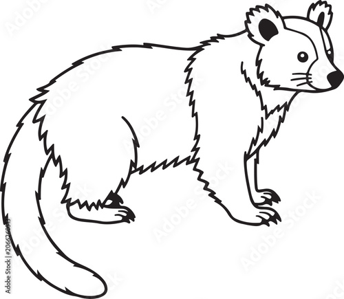 Fluffy Raccoon Dog Tanuki Walking Side View Black Outline Vector