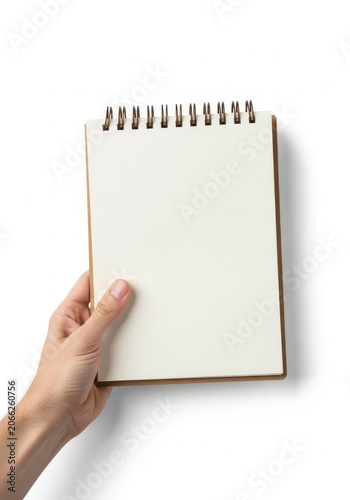 Hand holding a blank spiral notebook