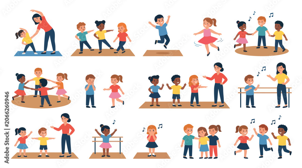 Fototapeta premium Children dancing and exercising with teacher, flat cartoon style