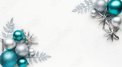 A festive arrangement of blue and silver Christmas ornaments, snowflakes, and leaves on a white background