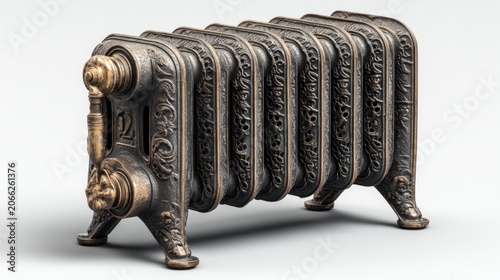 Ornate antique cast iron radiator with intricate decorative details and a brass valve