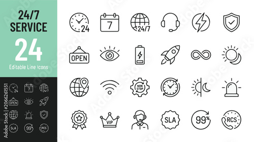 24/7 customer service and support web icons in line style. Call center, help desk, technical assistance, non-stop availability, and reliability collection. Professional outline icon set. Editable stro