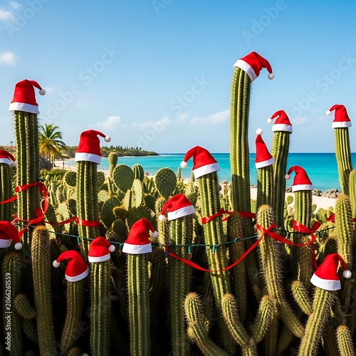 A festive arrangement of cacti wearing Santa hats on a beach