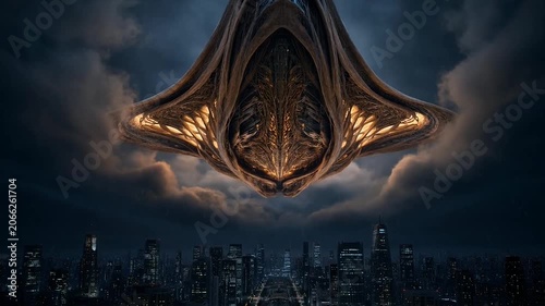 Massive Alien Spaceship Hovering Over a Dark Futuristic City Skyline During a Stormy Night Sky