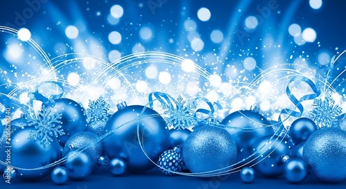 A festive arrangement of blue Christmas ornaments and snowflakes on a blue background with white lights and bokeh effects