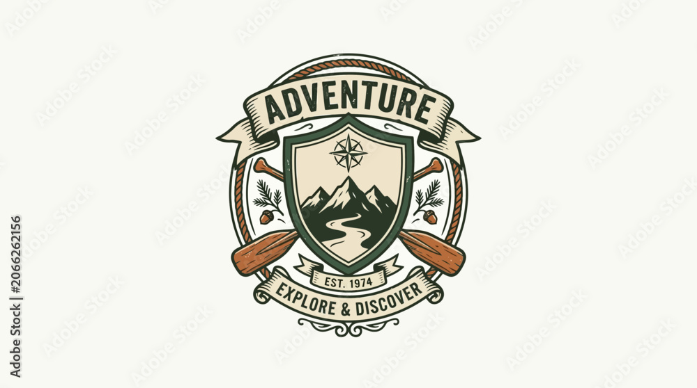 Naklejka premium Adventure Explore Discover Emblem with Mountains, River, Paddles, Compass and Pine Branches