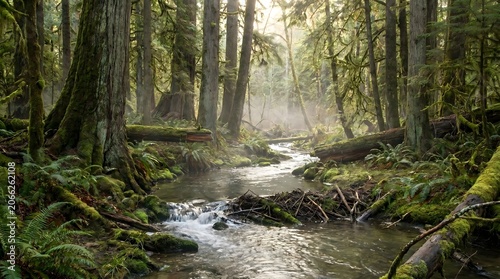 Forest stream flowing through a lush temperate rainforest with tall mossy trees and soft morning sunlight filtering through mist