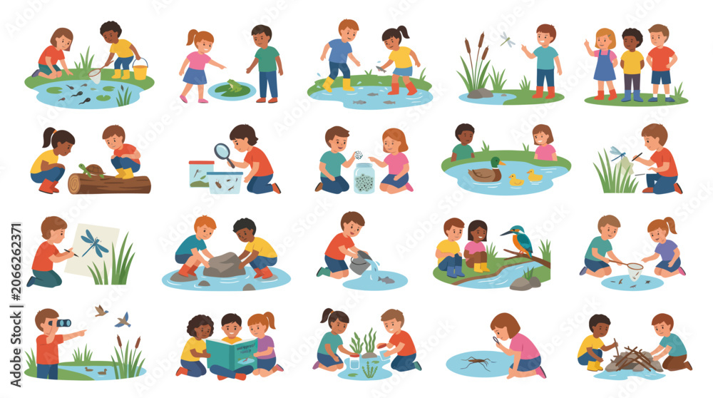 Fototapeta premium Children learning about nature, wildlife, and pond life in colorful flat illustration style