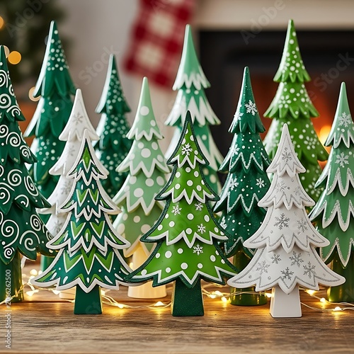 A festive arrangement of decorative wooden Christmas trees