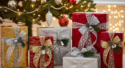 A festive arrangement of elegantly wrapped presents in various colors and patterns