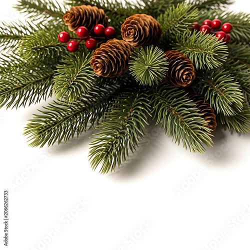 A festive arrangement of evergreen branches, pinecones, and red berries