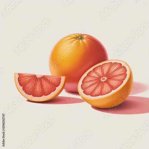 Whole ripe pink grapefruit with a crosssection slice and a wedge isolated on a neutral background