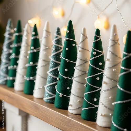 A festive arrangement of miniature Christmas trees on a wooden mantel