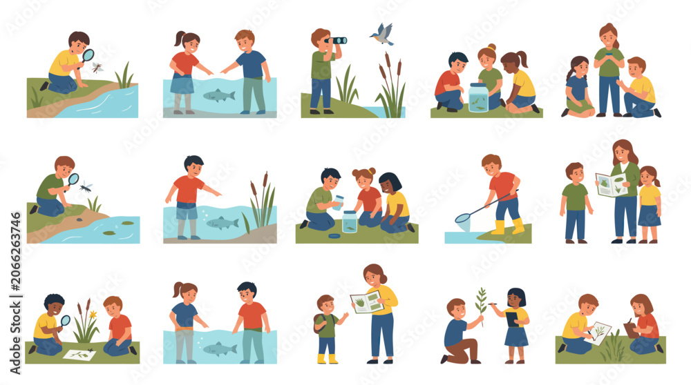 Fototapeta premium Flat Vector Illustration Set: Children Learning Science Nature Outdoors. Kids Outdoor Education Activities.