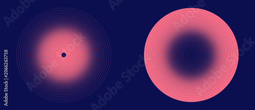 Two concentric circle vector icons resembling sound ripples or radar targets, transitioning between thin outlined rings and solid coral pink fill on a dark navy background.