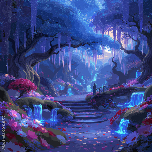 Konstfotografi Enchanting fantasy forest with glowing waterfalls and mystical flora, a lone figure contemplates the serene beauty