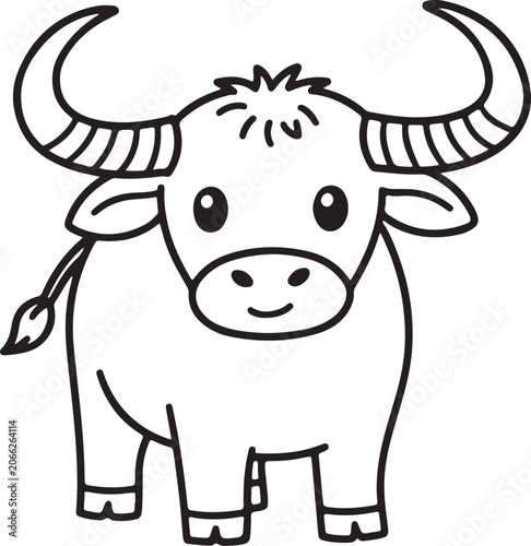 Cute smiling cartoon buffalo line art with large curved horns