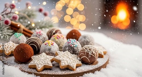 A festive arrangement of sweet treats on a wooden board in a snowy setting