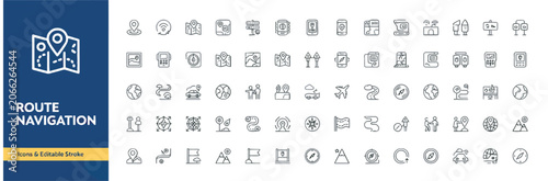 Detailed route navigation icon set with editable stroke for map and travel projects