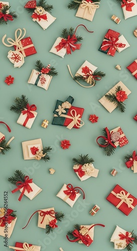 A festive arrangement of wrapped gifts and decorative items on a teal background