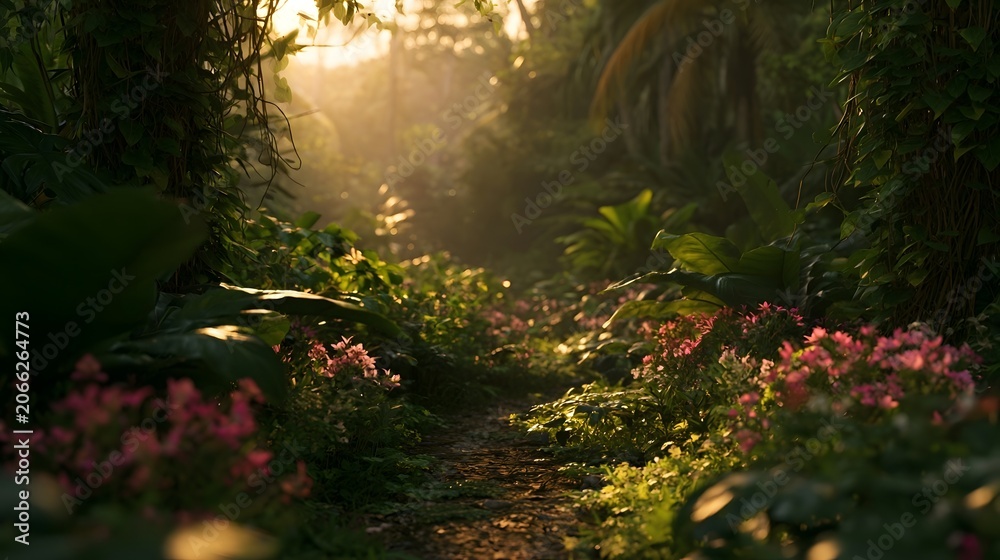 Fototapeta premium An exotic tropical jungle path is filled with blooming wildflowers bathed in the warm glow of a golden sunset