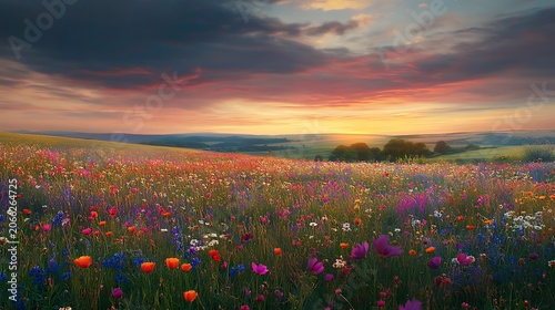 Vibrant field of wildflowers under a colorful sunset sky landscape