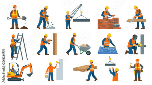 Construction Workers Set: Building, Welding, Digging, Painting, and More