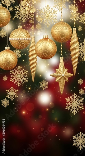 A festive background with gold ornaments and snowflakes on a dark red and green backdrop