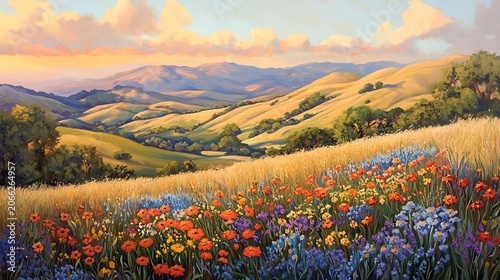 Vibrant field of wildflowers with rolling hills under a sunset sky
