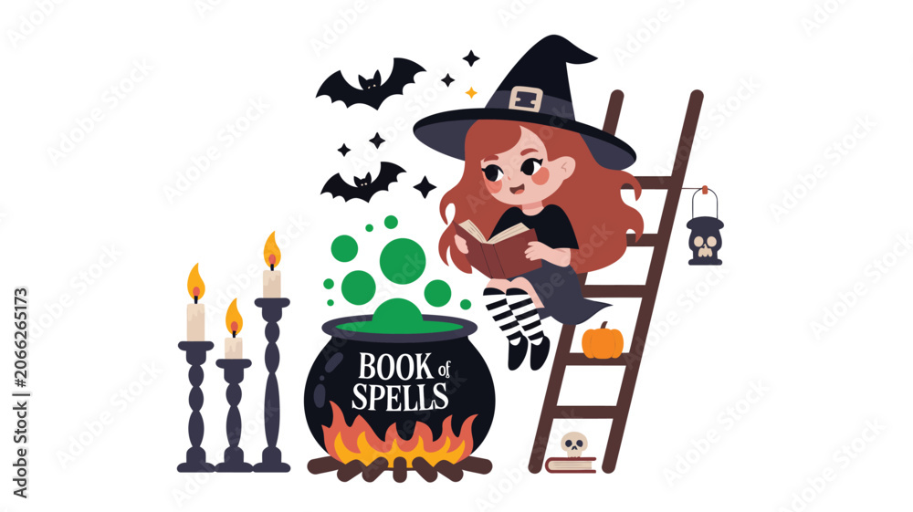 Obraz premium Cute little witch reading a book of spells near a bubbling cauldron and flickering candles