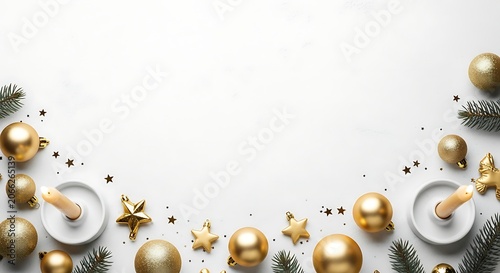 A festive border of gold ornaments and stars on a white background