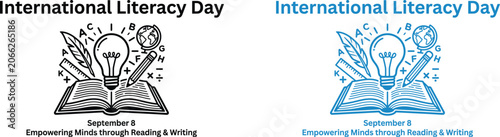 International literacy day graphic with open book and learning tools