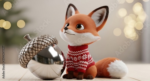 A festive cartoon fox in a red sweater sits beside a shiny ornament
