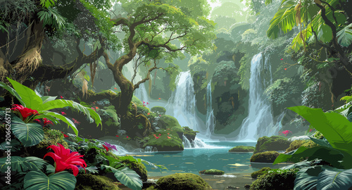 Photos Lush tropical jungle with multiple cascading waterfalls flowing into a tranquil blue pool surrounded by vibrant green foliage and exotic red flowers