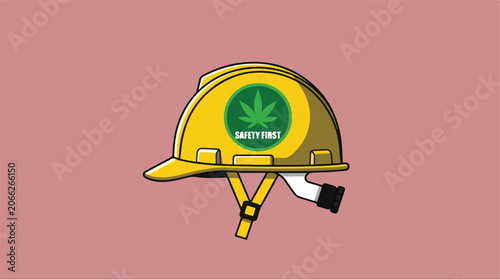 Foto Yellow construction hard hat with a cannabis leaf logo sticker.