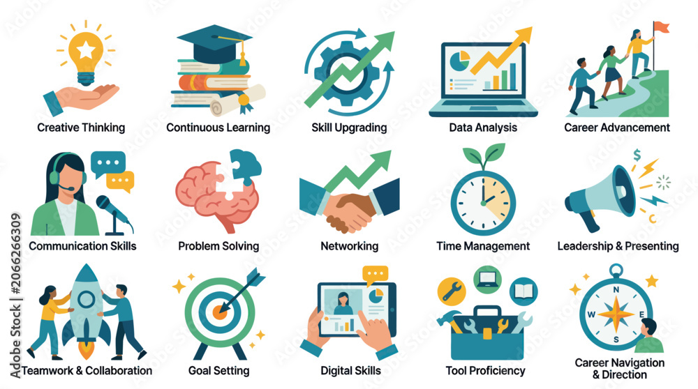 Fototapeta premium Flat Design Business Career Soft Skills Icons. Professional Development, Training Growth Concepts Vector Set.