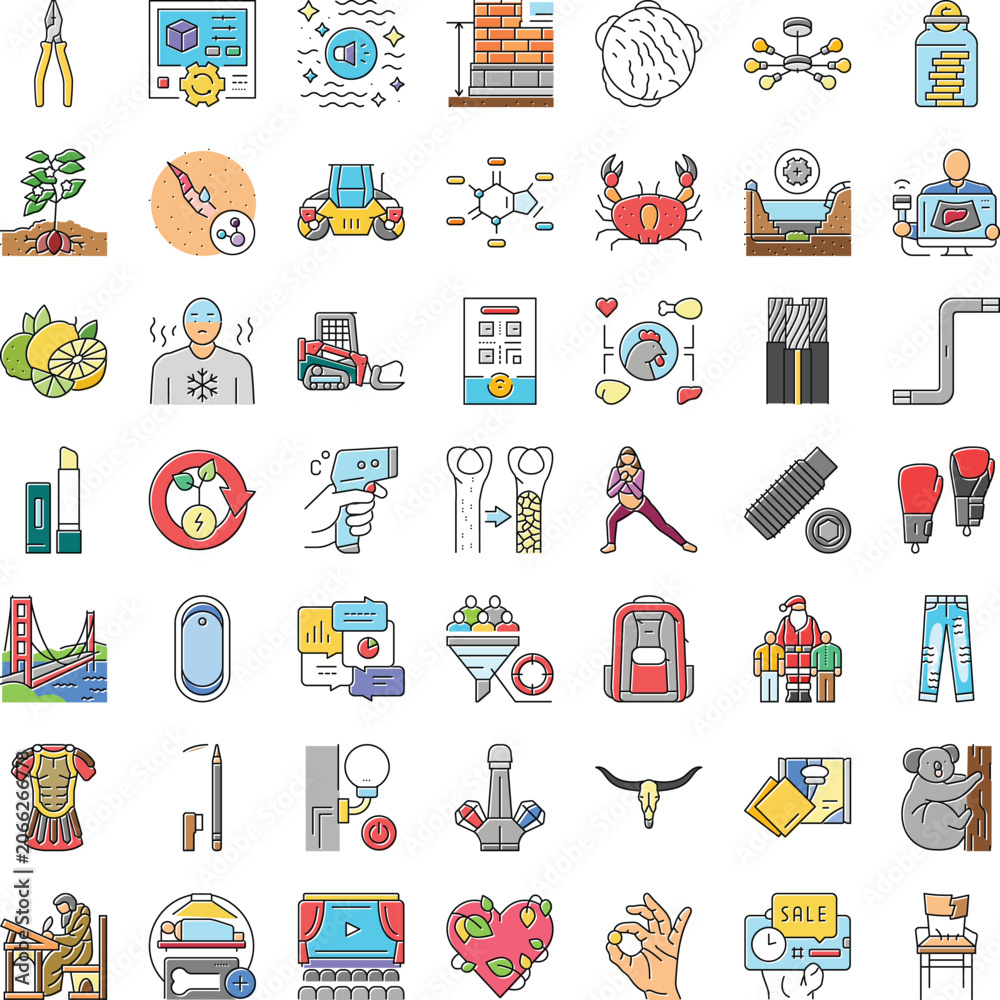 Fototapeta premium Collection of line color icons, representing a wide range of themes including construction, nature, medical tools, technology, animals, and everyday objects for diverse design needs